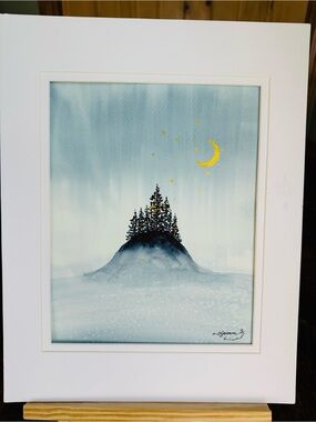 Handmade New Watercolor Painting: Moon over a Hill